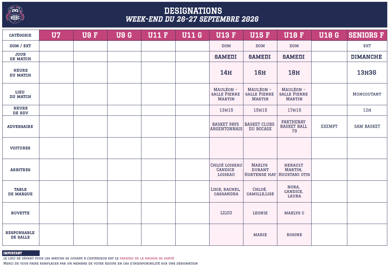 Programme du week-end - 26 / 27 Septembre 2026