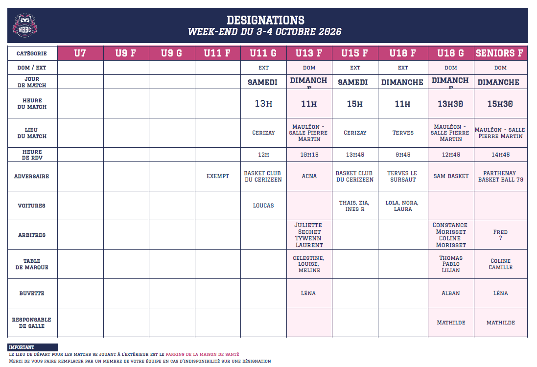 Programme du week-end - 03 / 04 Octobre 2026