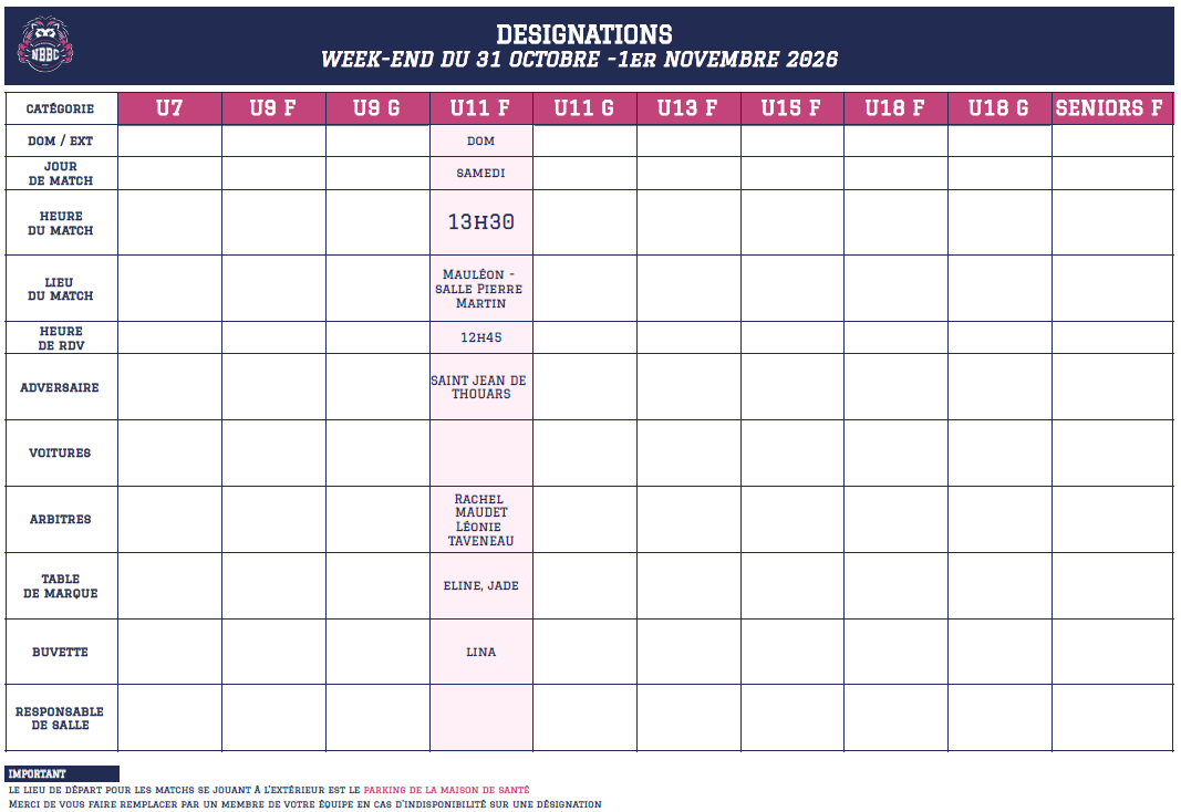 DESIGNATIONS WEEK-END - 31 OCTOBRE 2026